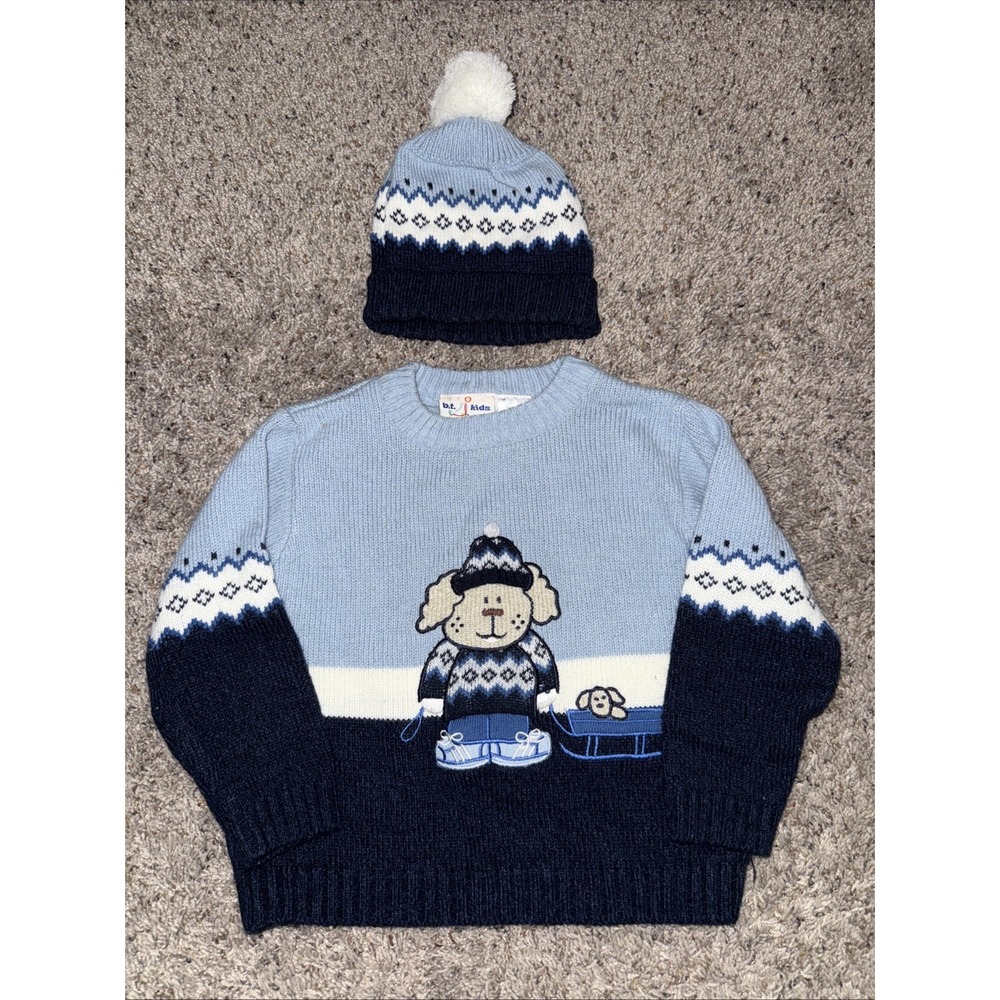 Vintage b.t. kids Puppy Dog Pulling Sled‎  Sweater  w Beanie Hat Blue 24 Months - Picture 2 of 6